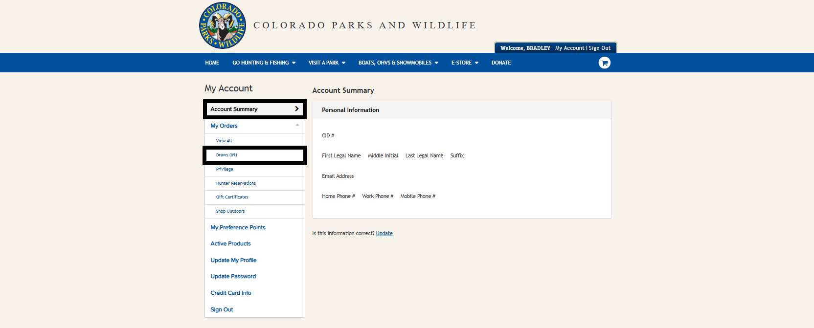 Screenshot of CPWshop.com account summary page. Black boxes indicate the "Account Summary" dropdown menu and "Draws".