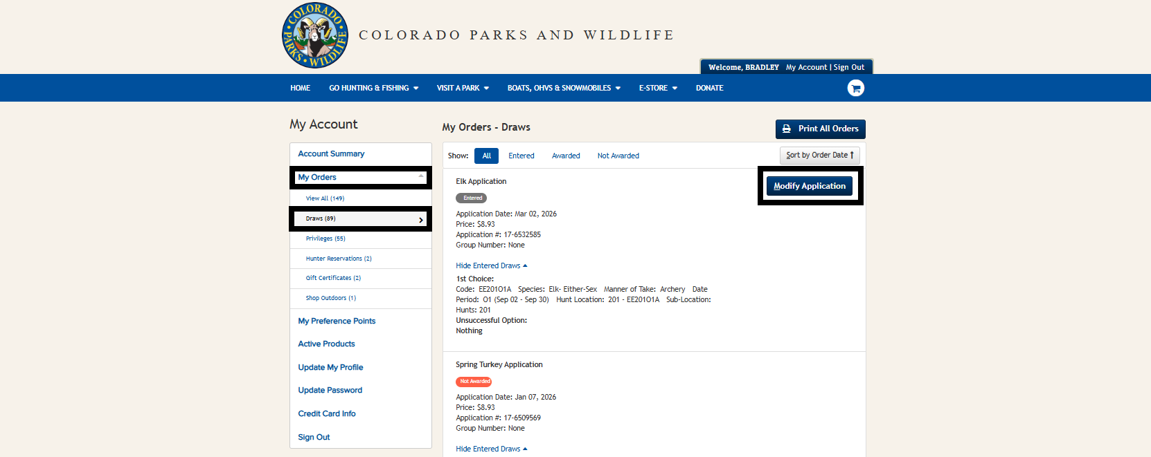 CPWshop.com My Orders - Draws page. Black boxes highlighting "My orders" tab, "Draws" tab and the blue "Modify Application" button. 