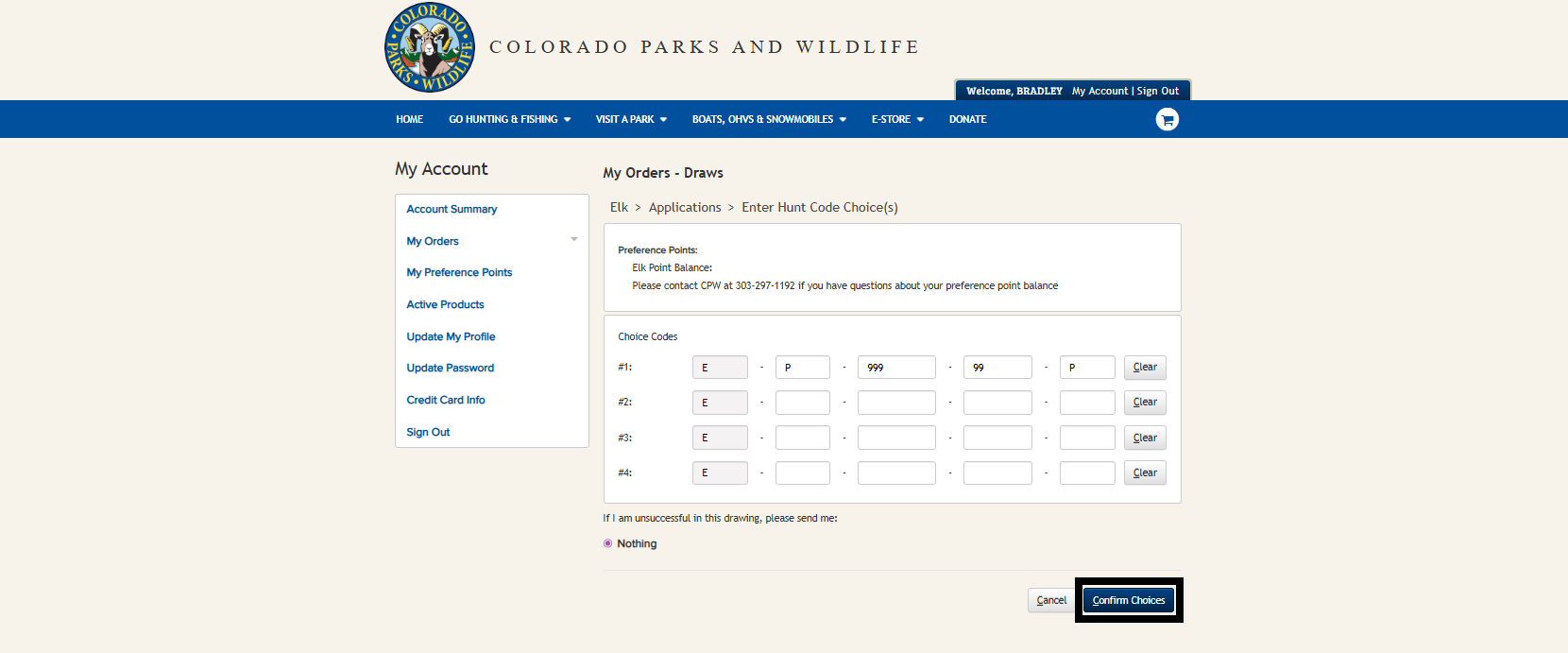 Screenshot of CPWshop.com application modification to a hunt code. Black box indicating confirm choices in the lower right-hand corner.