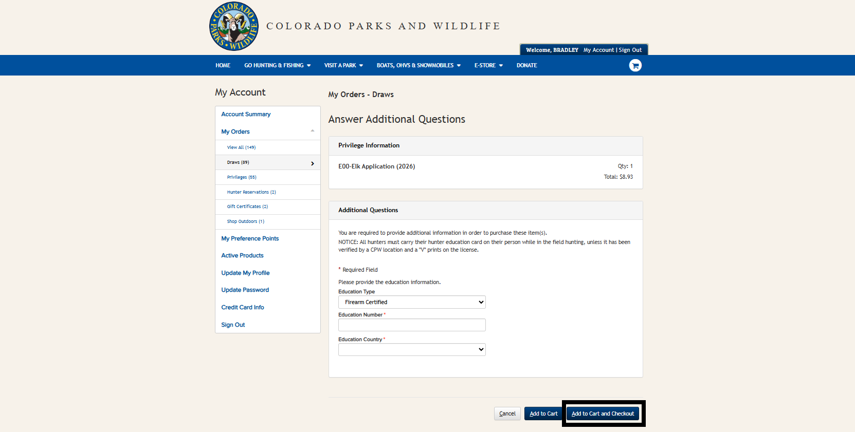 Screenshot of CPWshop.com application modification hunter education information fields. Black box indicating "add to cart and checkout"