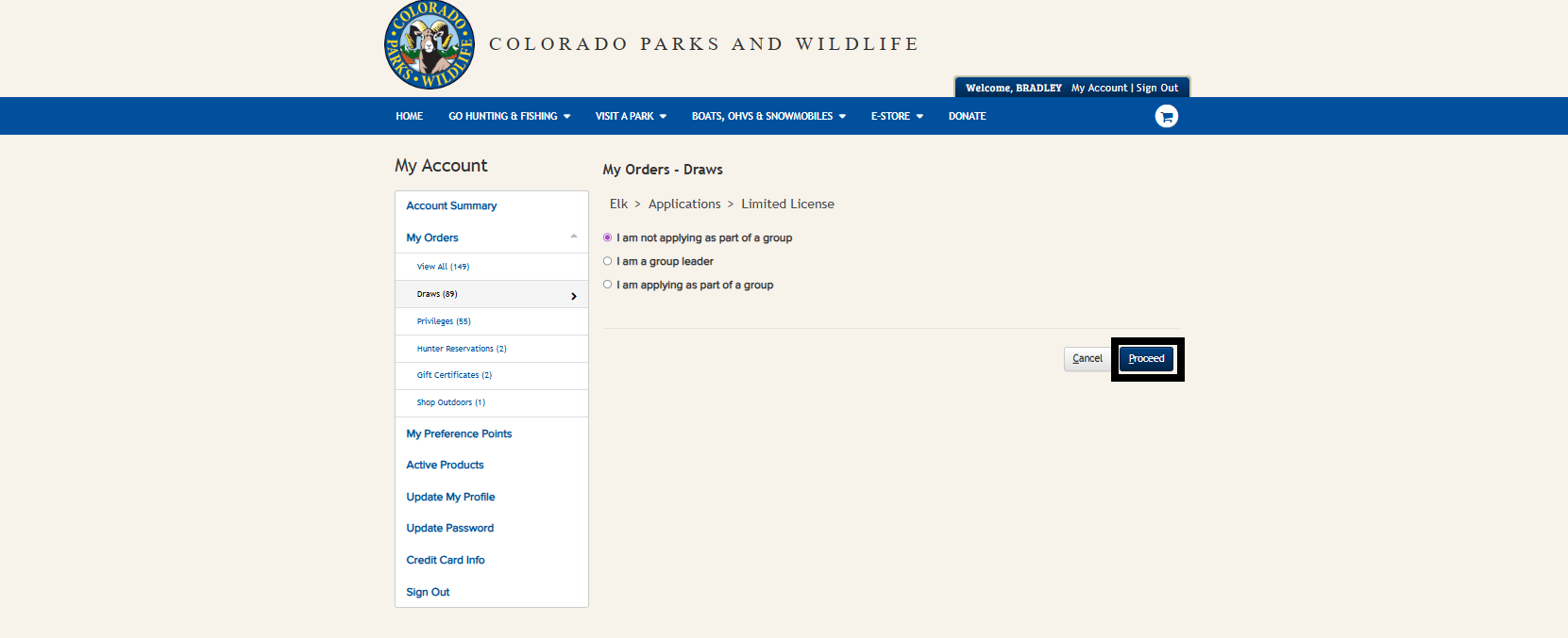 CPWshop.com application type selection page. The radio box is selected for "I am not applying as part of a group". Black box highlighting the blue "Proceed" button. 