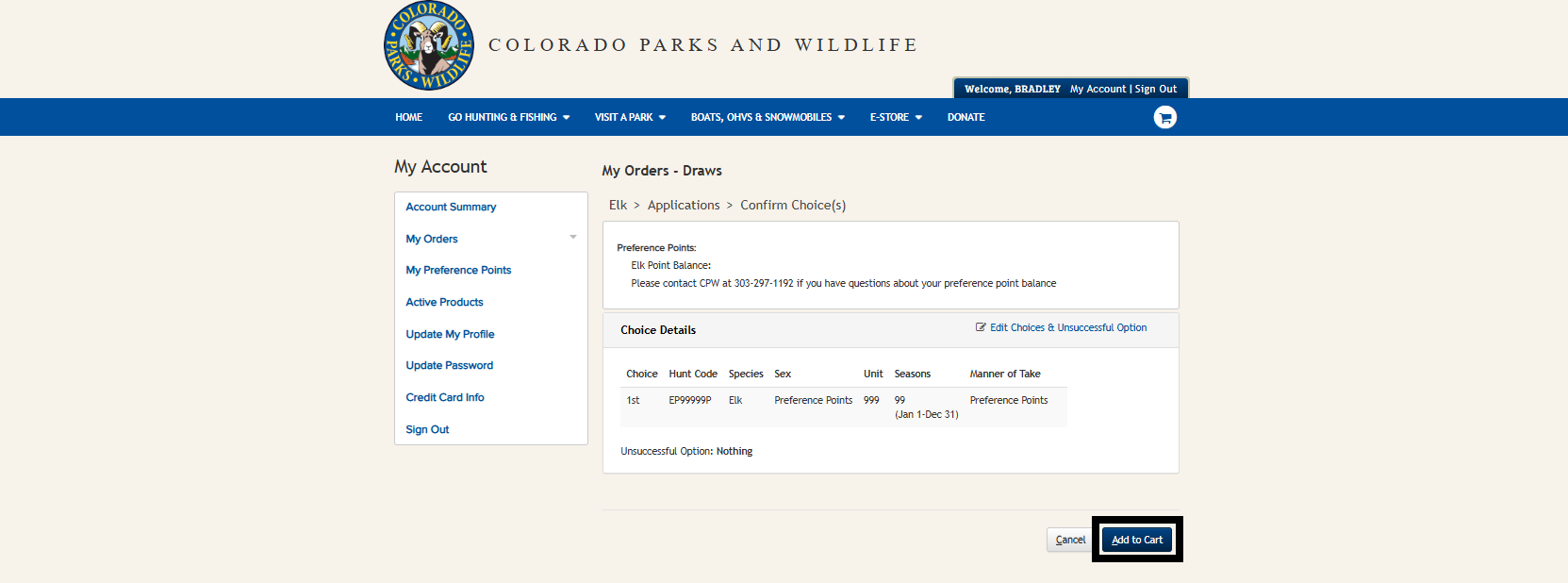 Screenshot of CPWshop.com application modification confirm choices page. Black box indicating "add to cart" button in the lower right-hand corner.