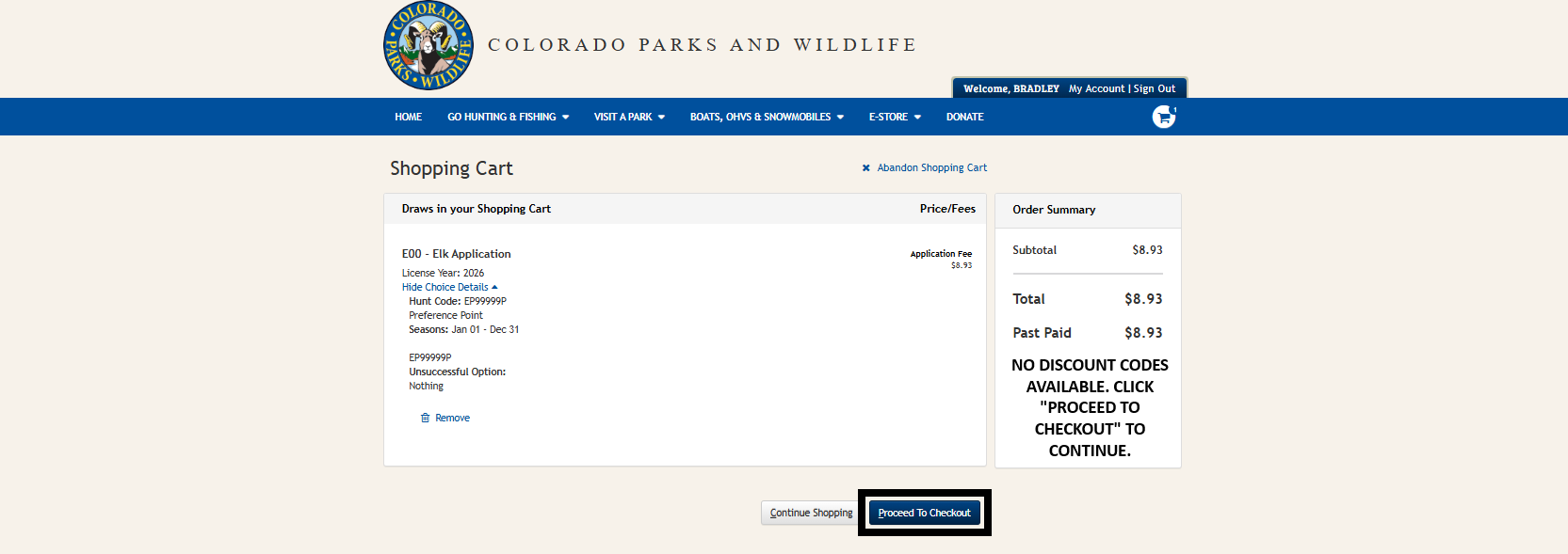 Screenshot of CPWshop.com application modification products in cart. Black box indicating "Proceed to checkout" button in the lower right-hand corner. CPW does not offer discount codes for big game licenses or applications.