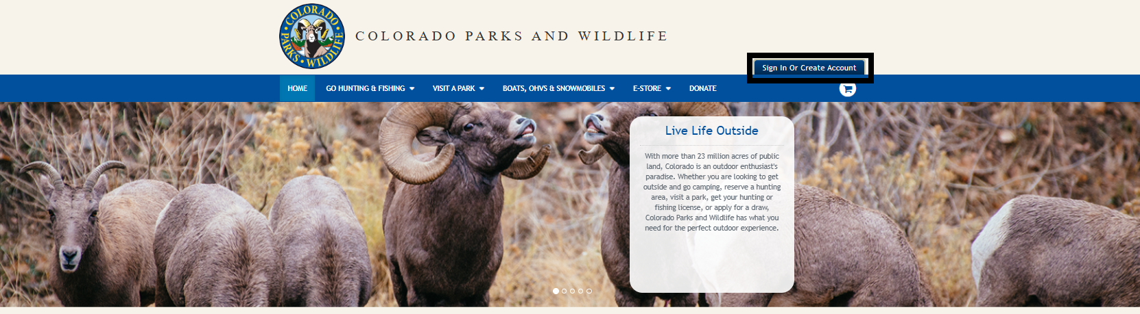 Screenshot of CPWshop.com home page. Black box highlighting the "sign in or create account" link in the upper right-hand corner.