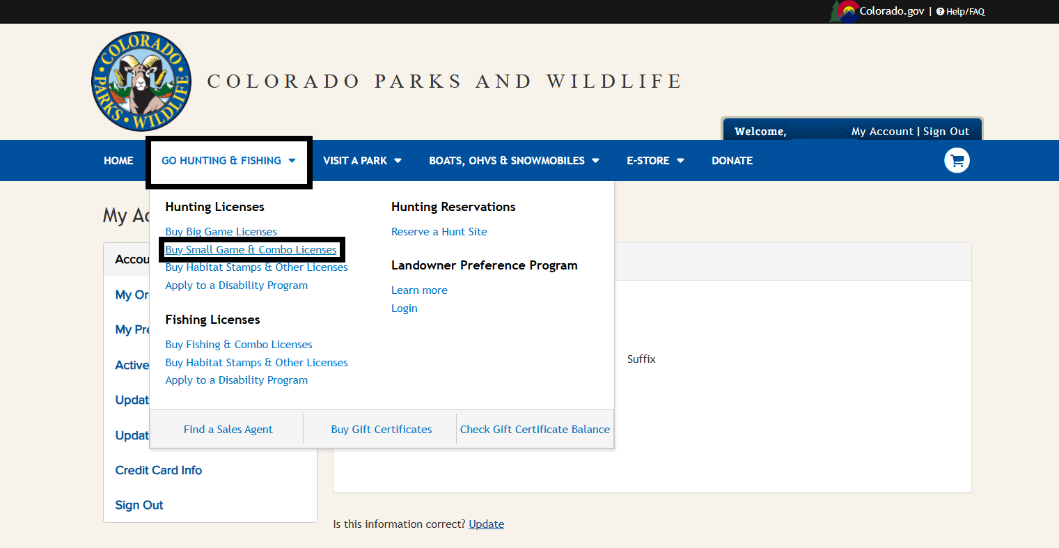 CPWshop.com Account Summary Page showing the go hunting and fishing dropdown menu at the top of the page. Image shows to click on buy small game and combo licenses link.