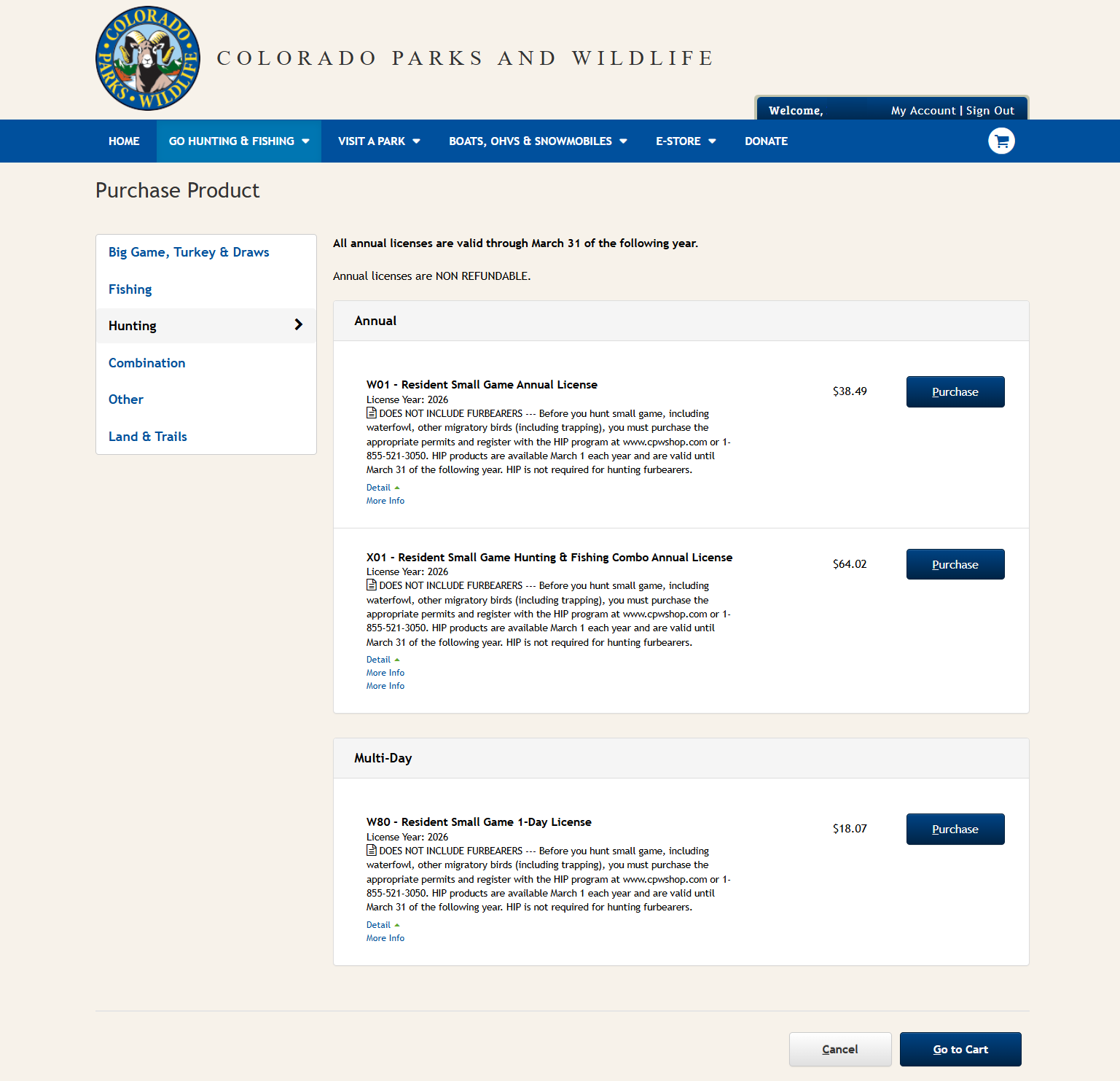 CPWshop.com resident small game license purchase options page