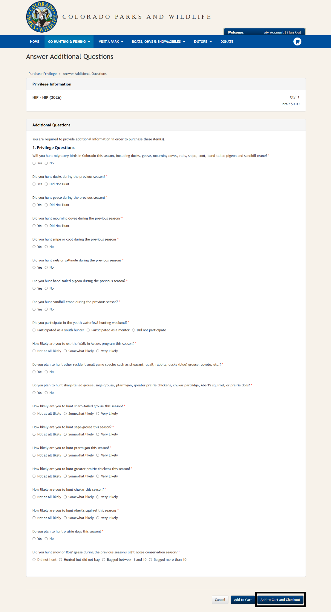 CPWshop.com harvest information program questions. Black box around the "Add to Cart and Checkout" button