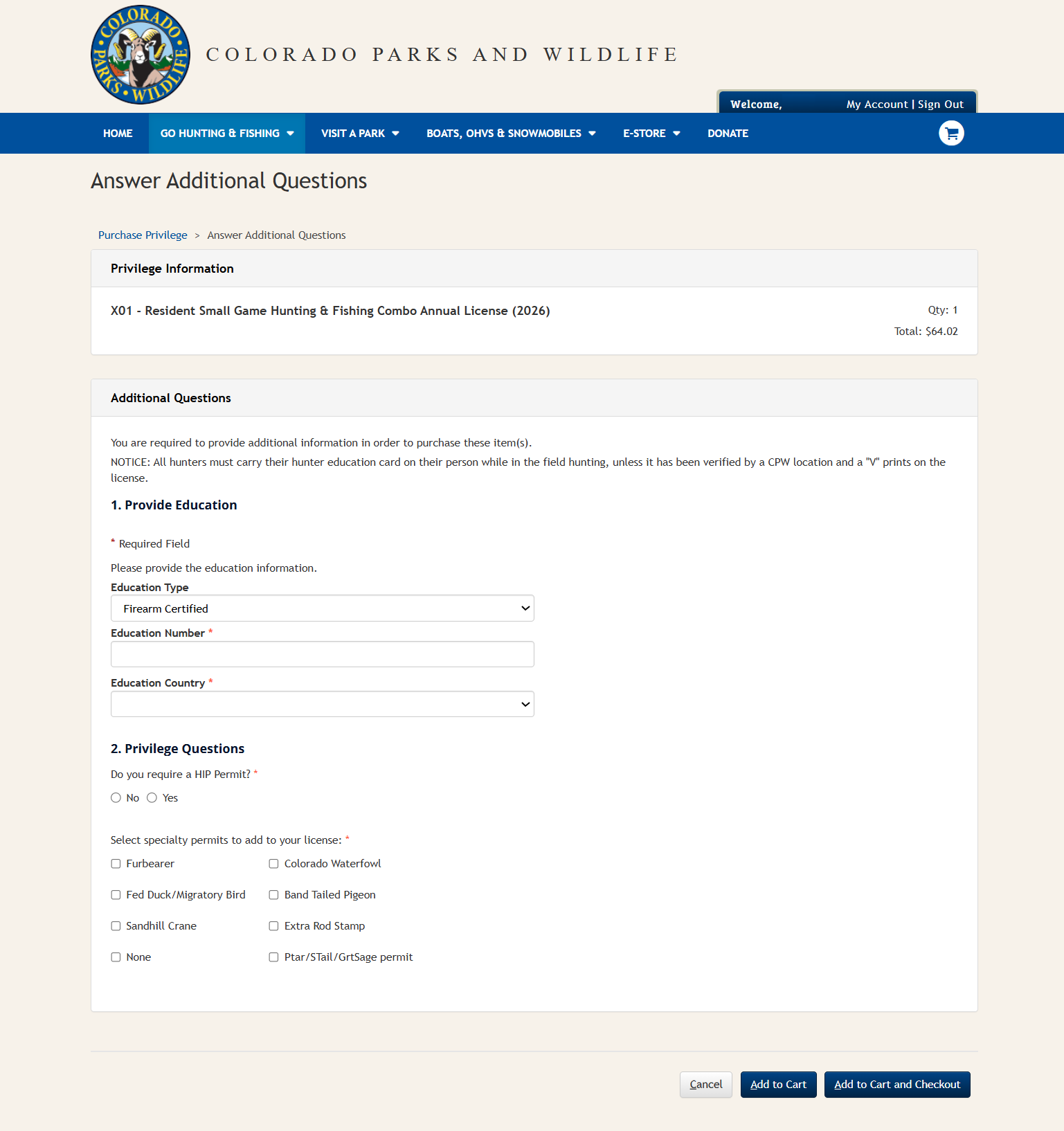 CPWshop.com license purchase flow image. The image shows required information; hunter education, opt-in or out of the harvest information program survey, and additional license add ons.