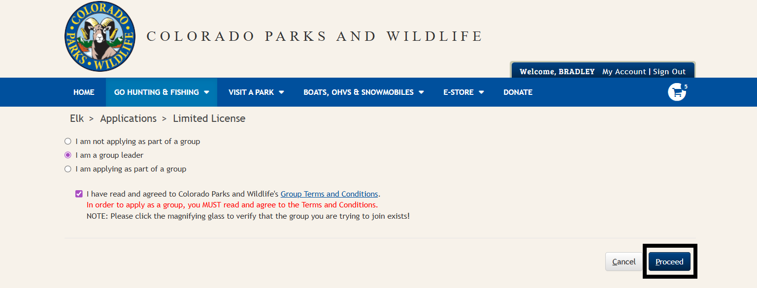 CPWshop.com limited license application page to select, individual application, group leader application and group member application. Black box highlighting the blue "proceed" button. The "I am a group leader" radio button is selected. 