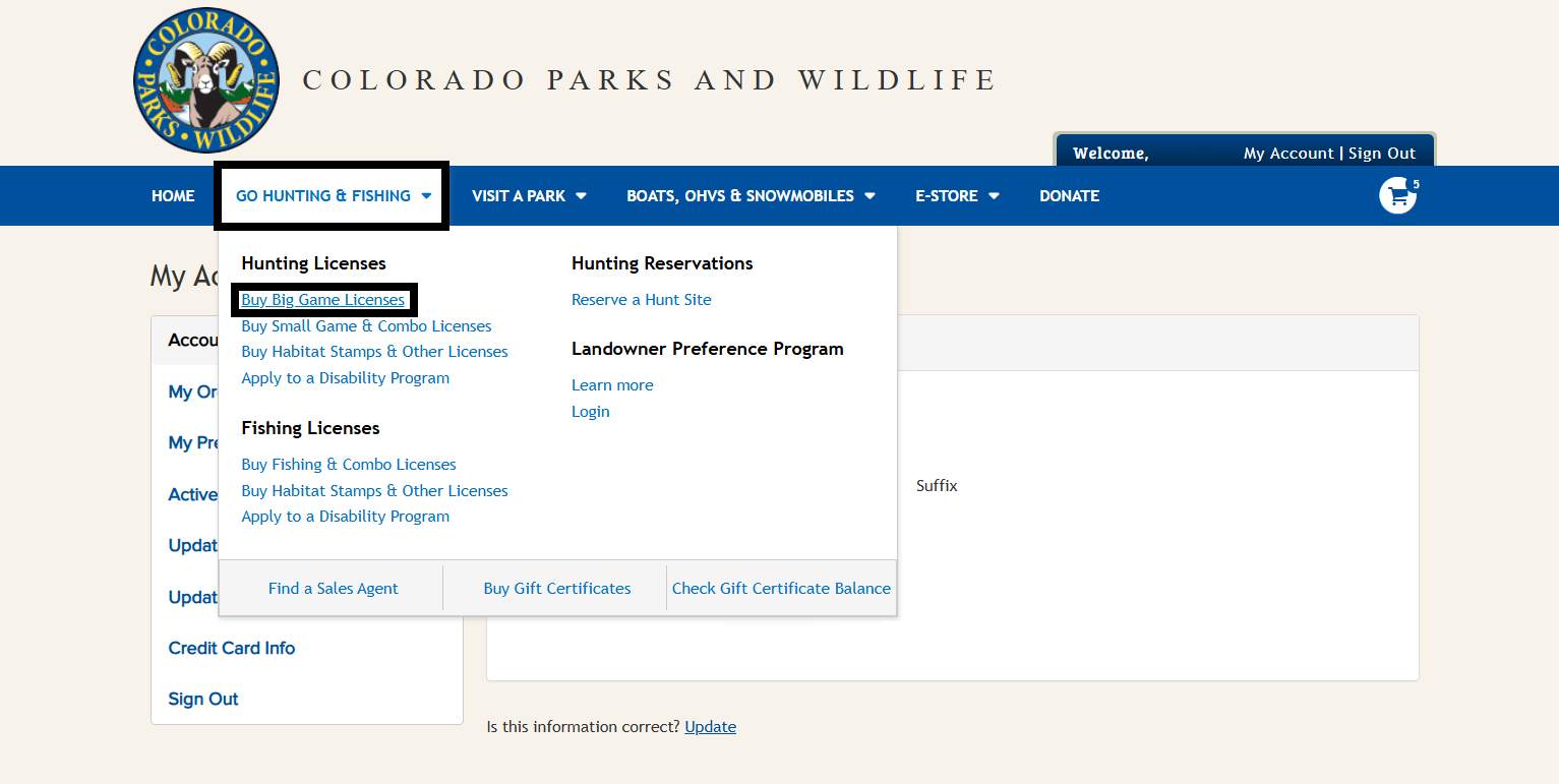 CPWshop.com go hunting and fishing dropdown menu to click on buy big game licenses