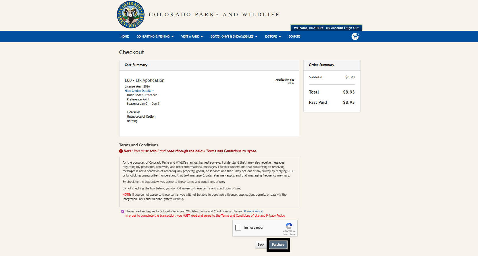 Screenshot from CPWshop.com application modification checkout page. Black box indicating "Purchase".
