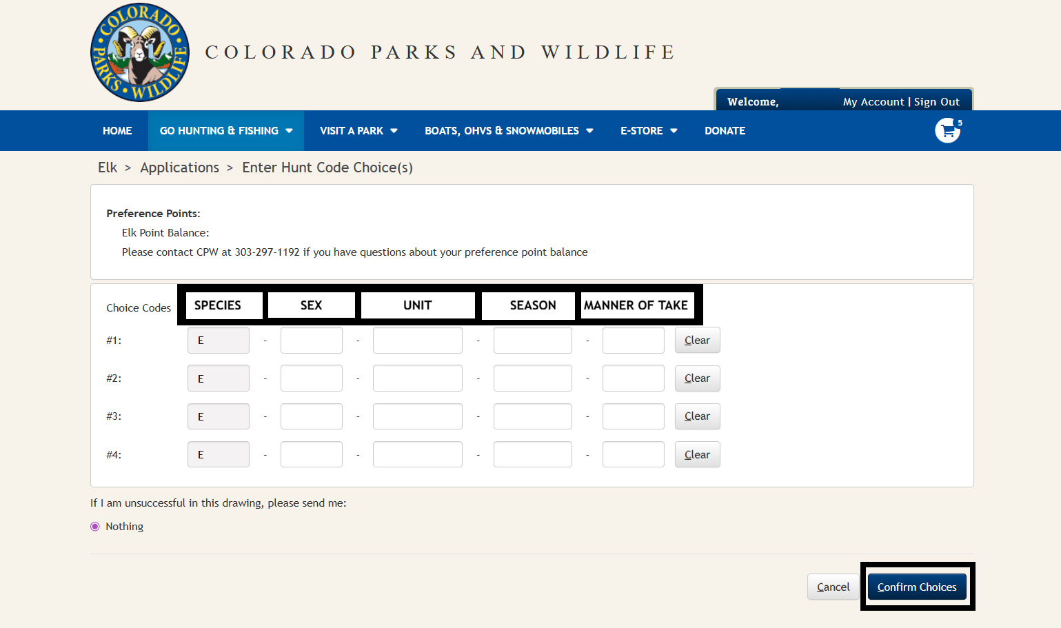 CPWshop.com elk application hunt code page. Black box at the top of the screen describing each part of the hunt code, Species, sex, unit, season, manner of take. A black box around the "confirm choices" blue button in the low right hand corner.  