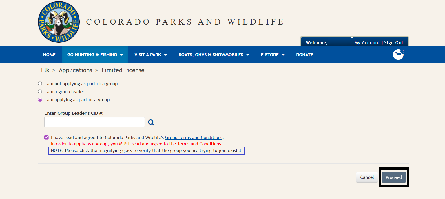 CPWshop.com limited license application page to select, individual application, group leader application and group member application. Black box highlighting the blue "proceed" button. The "I am applying as part of a group" radio button is selected. Blue box around clicking the magnifying glass to locate the group number entered.