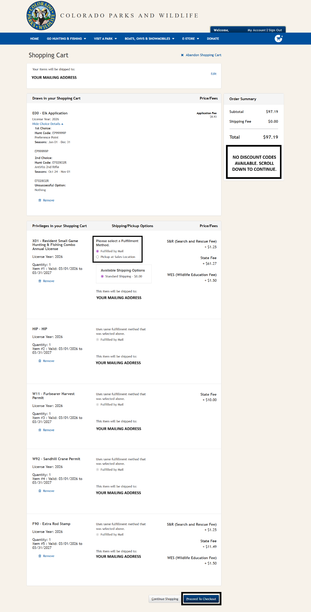 CPWshop.com fulfillment method selection and product purchase review page. Black box highlighting "Please select a Fulfillment Method" options. Radio box for "Fulfilled by mail" selected. Black box highlighting the blue "proceed to checkout" button.