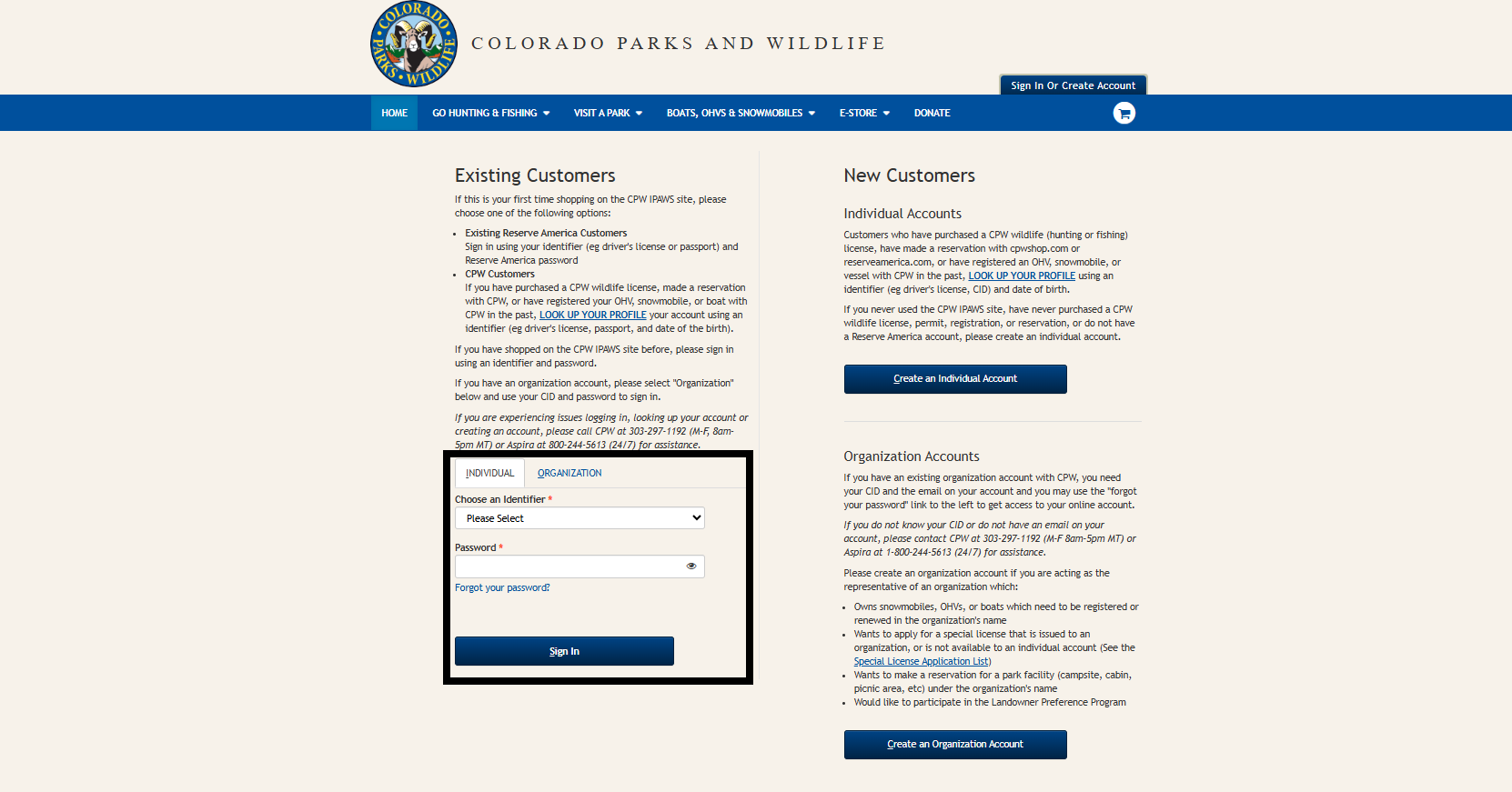 CPWshop.com sign in page. Black box highlighting the individual account sign in fields.