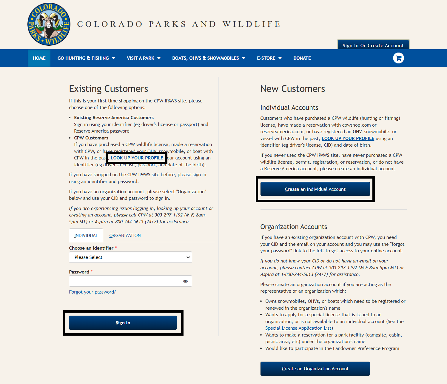 Screenshot of the sign-in page on CPWshop.com. Three black boxes indicating "Look up your profile" link, "Create an Individual account" button, and a black box indicating the sign in button in the lower left-hand corner.