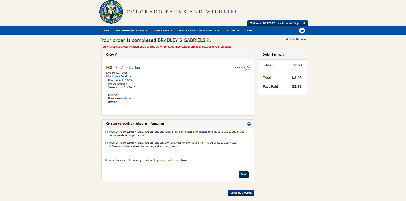 CPWshop.com completed order page.