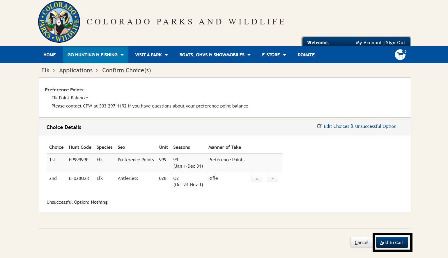 CPWshop.com hunt code conformation page. Black box around blue "add to cart" button. 
