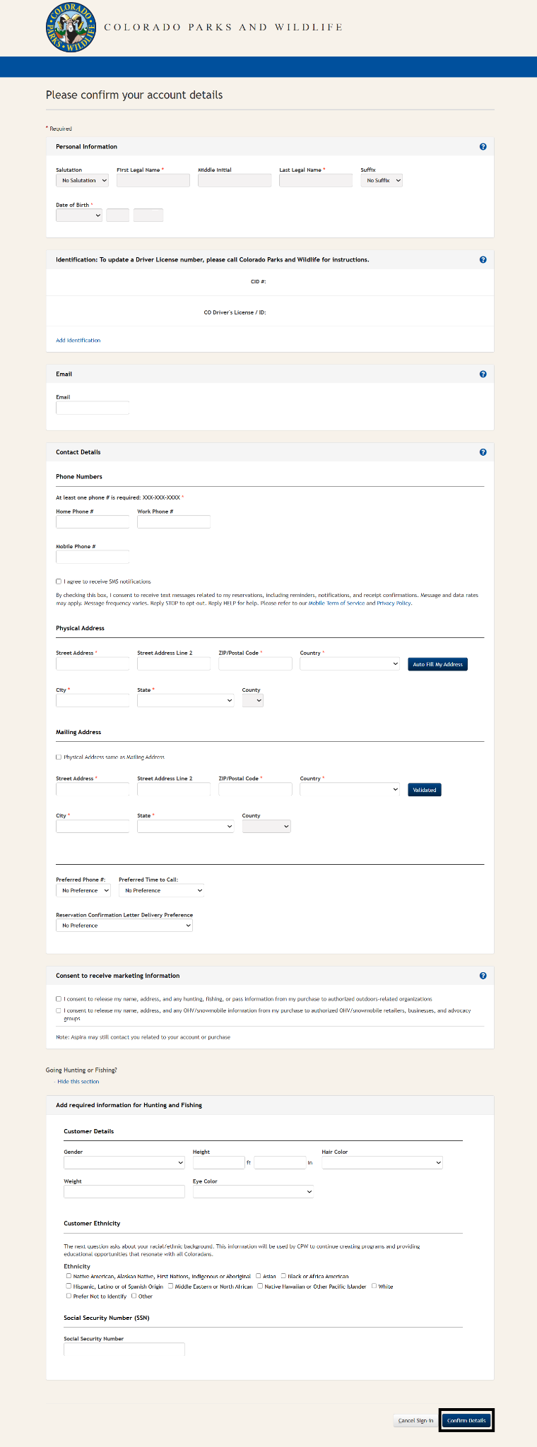 Screenshot of the CPWshop.com Customer Details Page. Black box highlighting the "Confirm Details" in the lower right-hand corner.