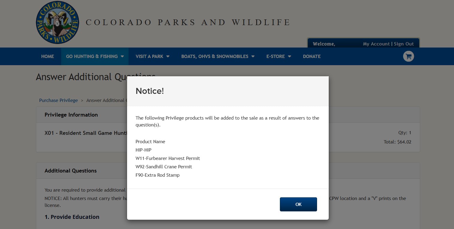 CPWshop.com notice alert regarding the add-on license/permits selected that will be added to the transaction